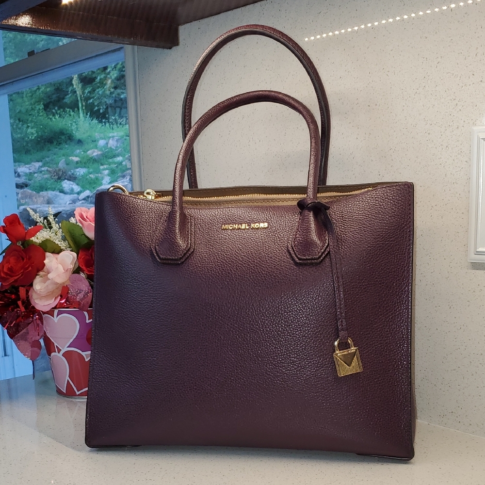 Michael Kors Plum Leather Satchel with Gold-Tone Hardware